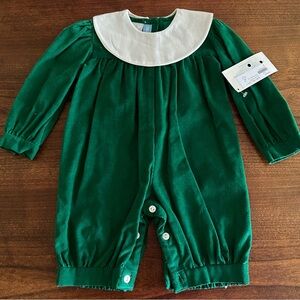 NWT Monday's Child Vive La Fete Green Corduroy Romper Longall Sz 3M